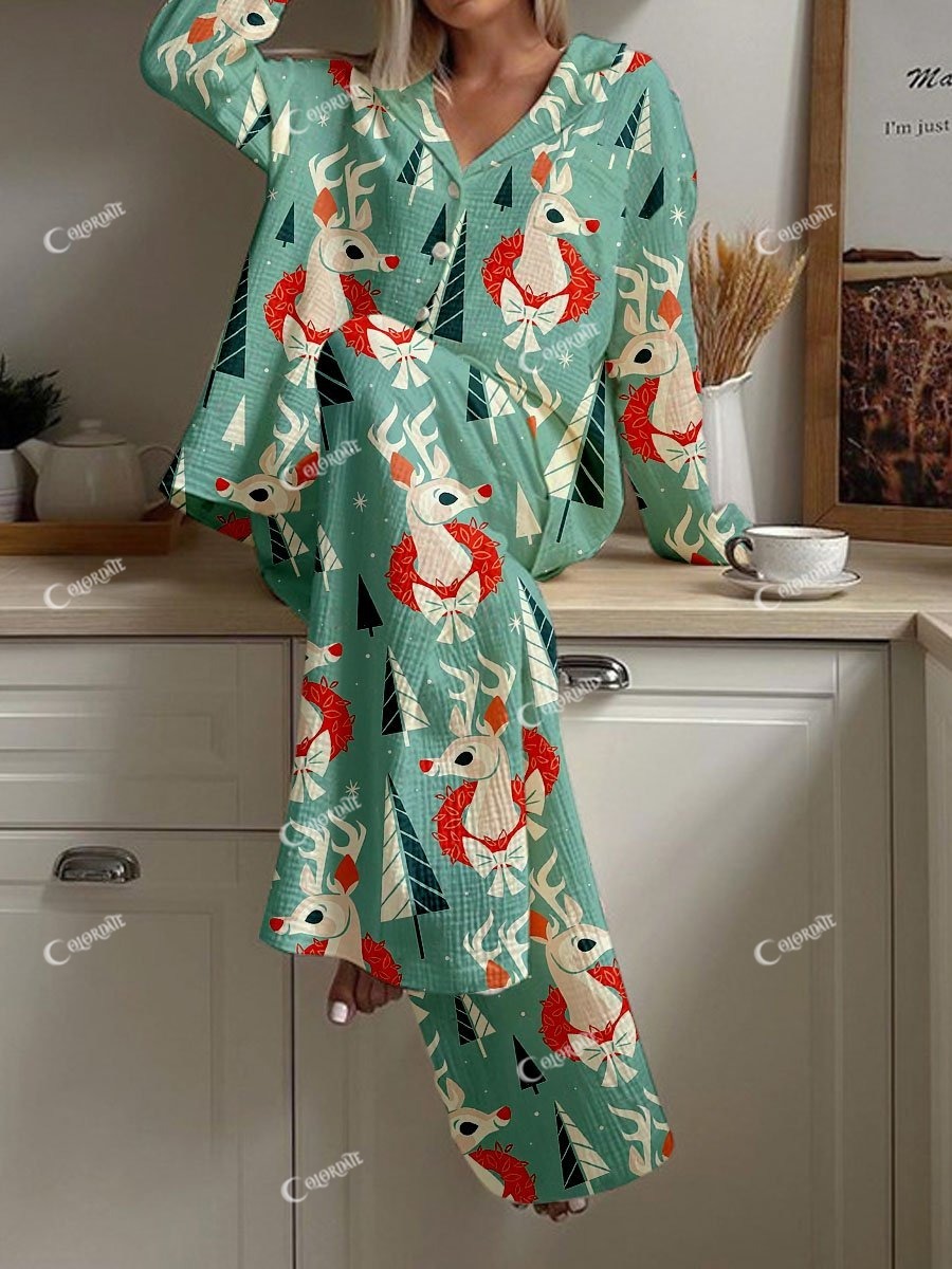 Women's Blue Christmas Deer Print Cardigan Homewear Set
