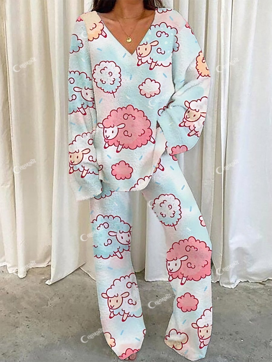 Women's Cute Sheep Print Long Sleeve V-Neck Suit