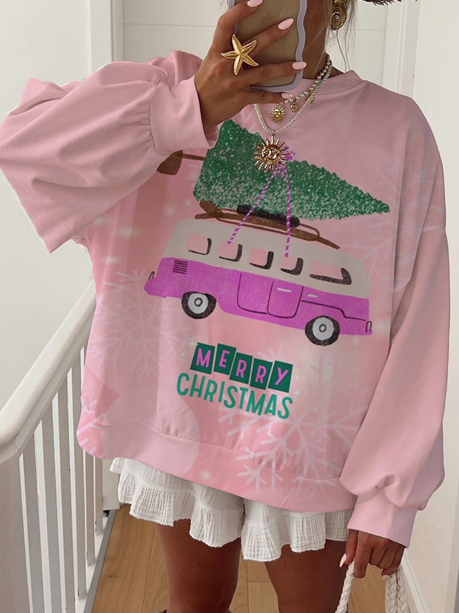 Women's Cotton Christmas Pink Christmas Tree Printed Home Sweatshirt