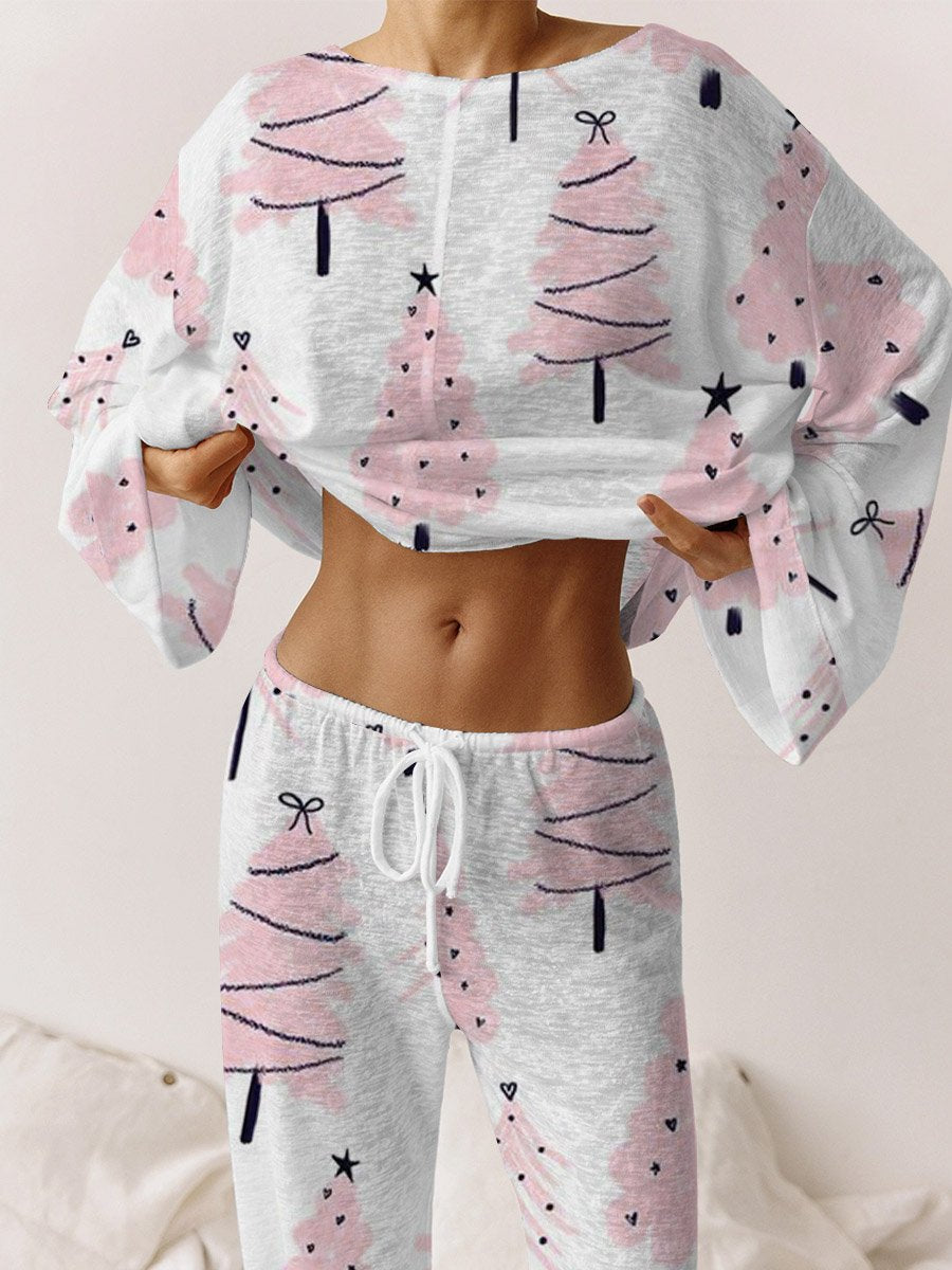 Women's Pink Christmas Tree Print Linen Cotton Suit