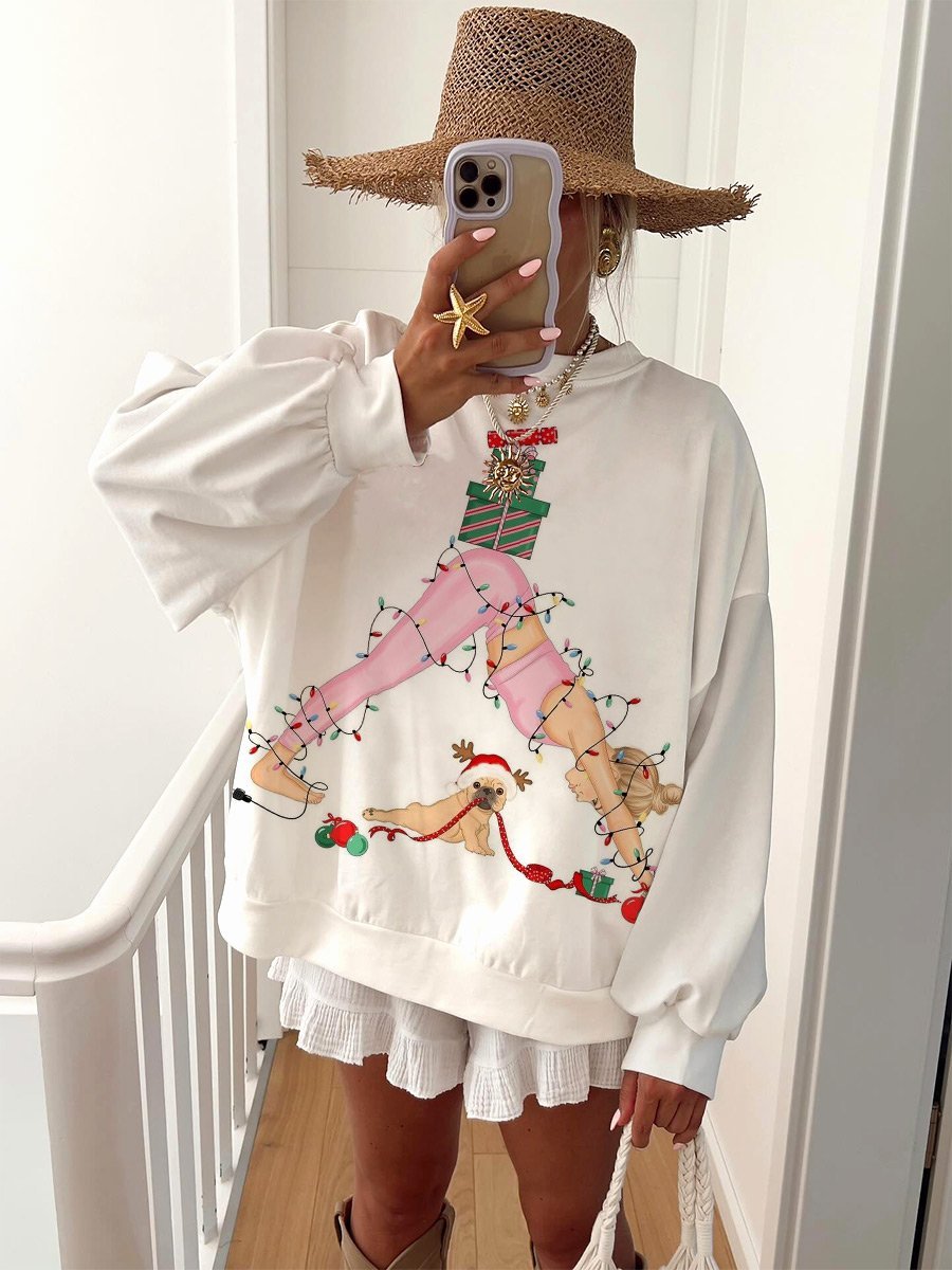 Women's Christmas Funny Pink Printed Home Long Sleeve Sweater