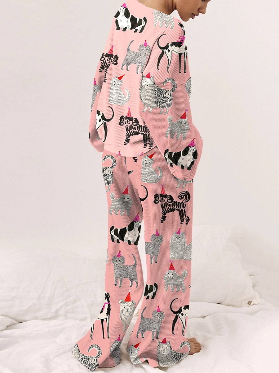 Women's Pink Art Painting Christmas Cute Animal Print Home Long Sleeve Suit