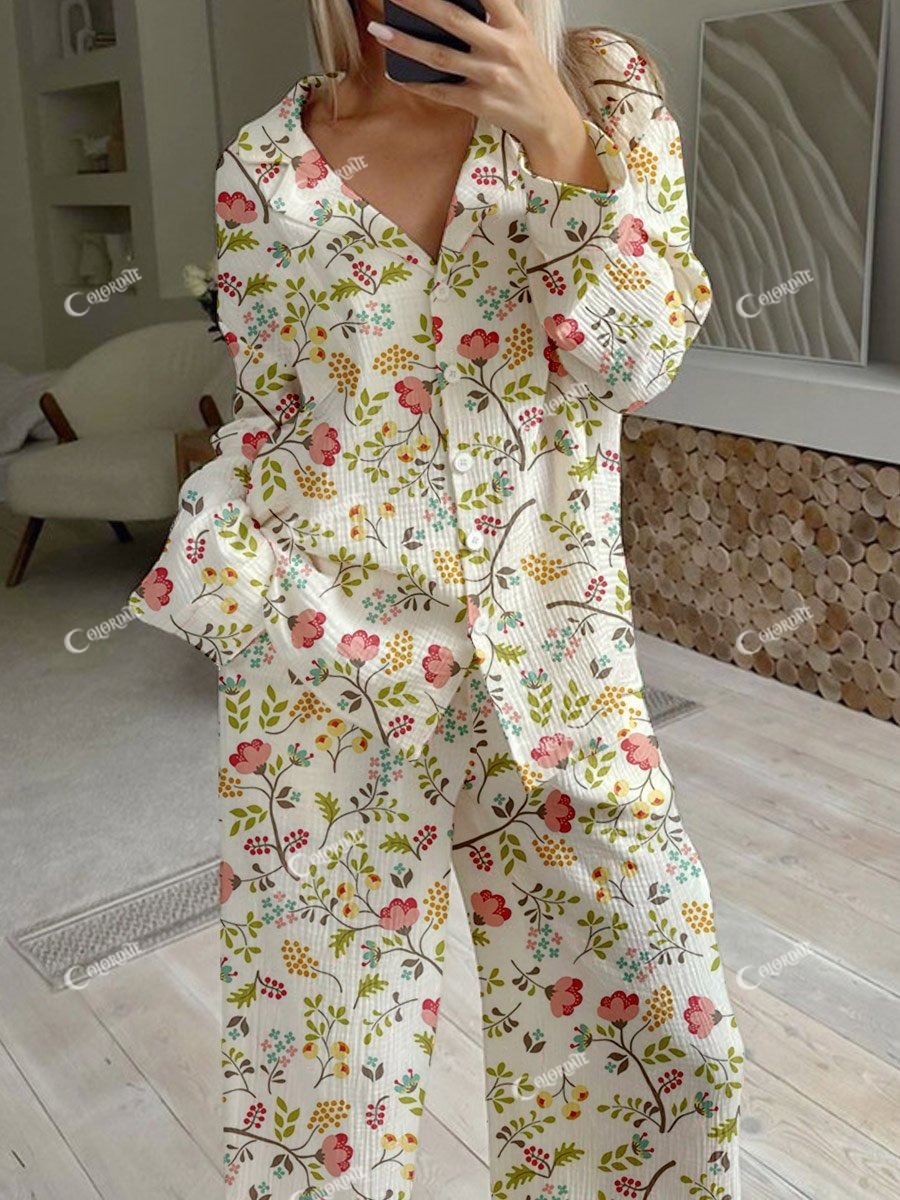 Women's Artistic Floral Printed Lounge Long Sleeve Suit