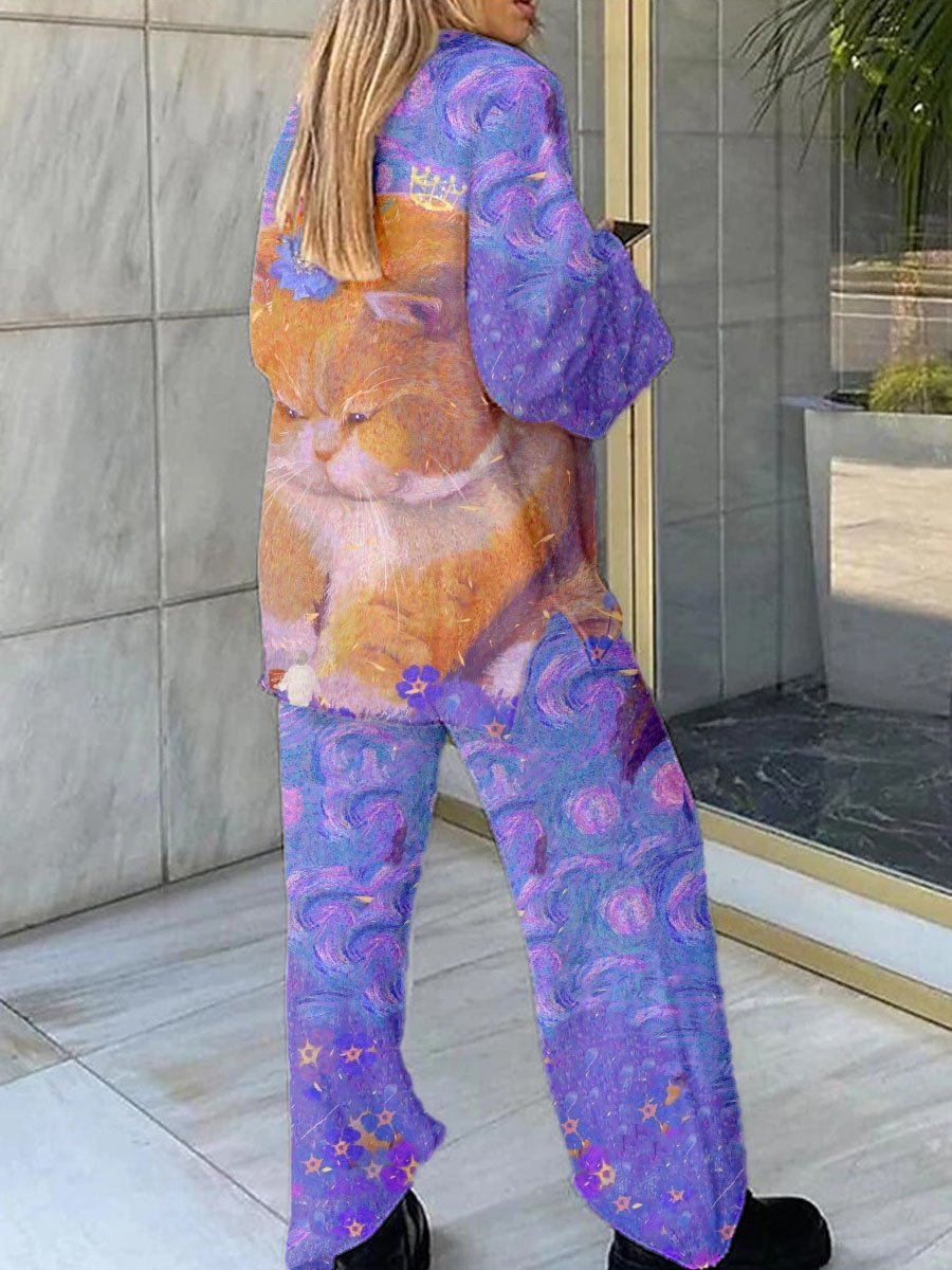 Women's Purple Cat Oil Painting Printed Fleece Suit