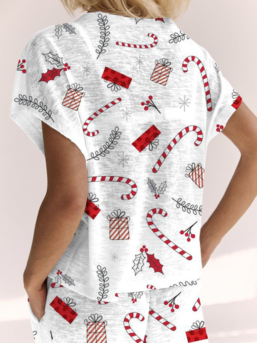 Women's Christmas Candy Cane Gift Box Pattern Short Sleeve Pants Suit