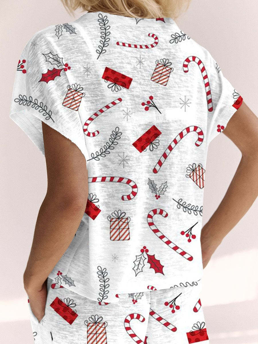 Women's Christmas Candy Cane Gift Box Pattern Short Sleeve Pants Suit