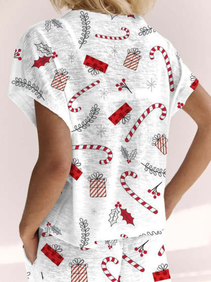 Women's Christmas Candy Cane Gift Box Pattern Short Sleeve Pants Suit