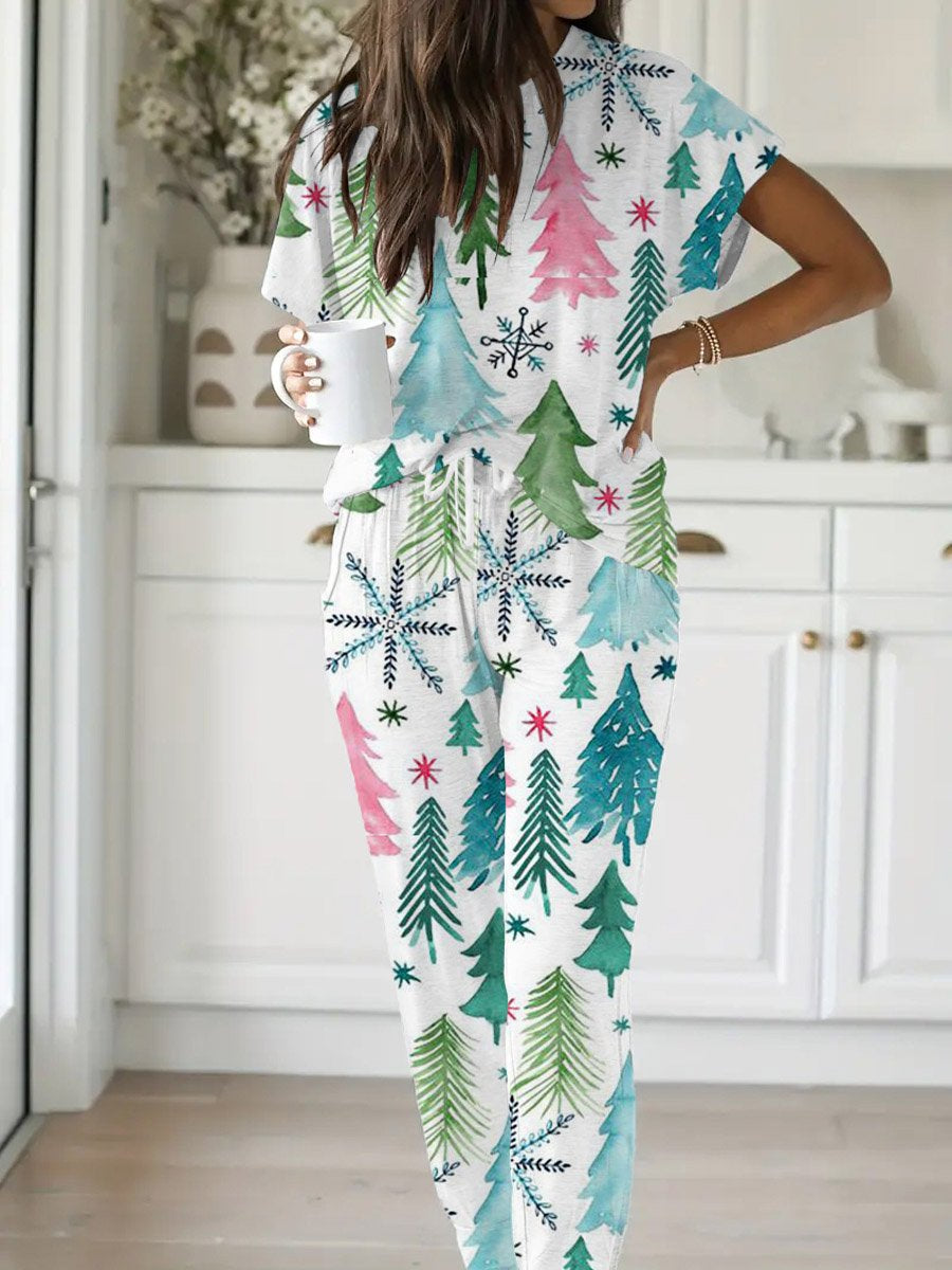 Women's Christmas Hand-Painted Short Sleeve Pants Set
