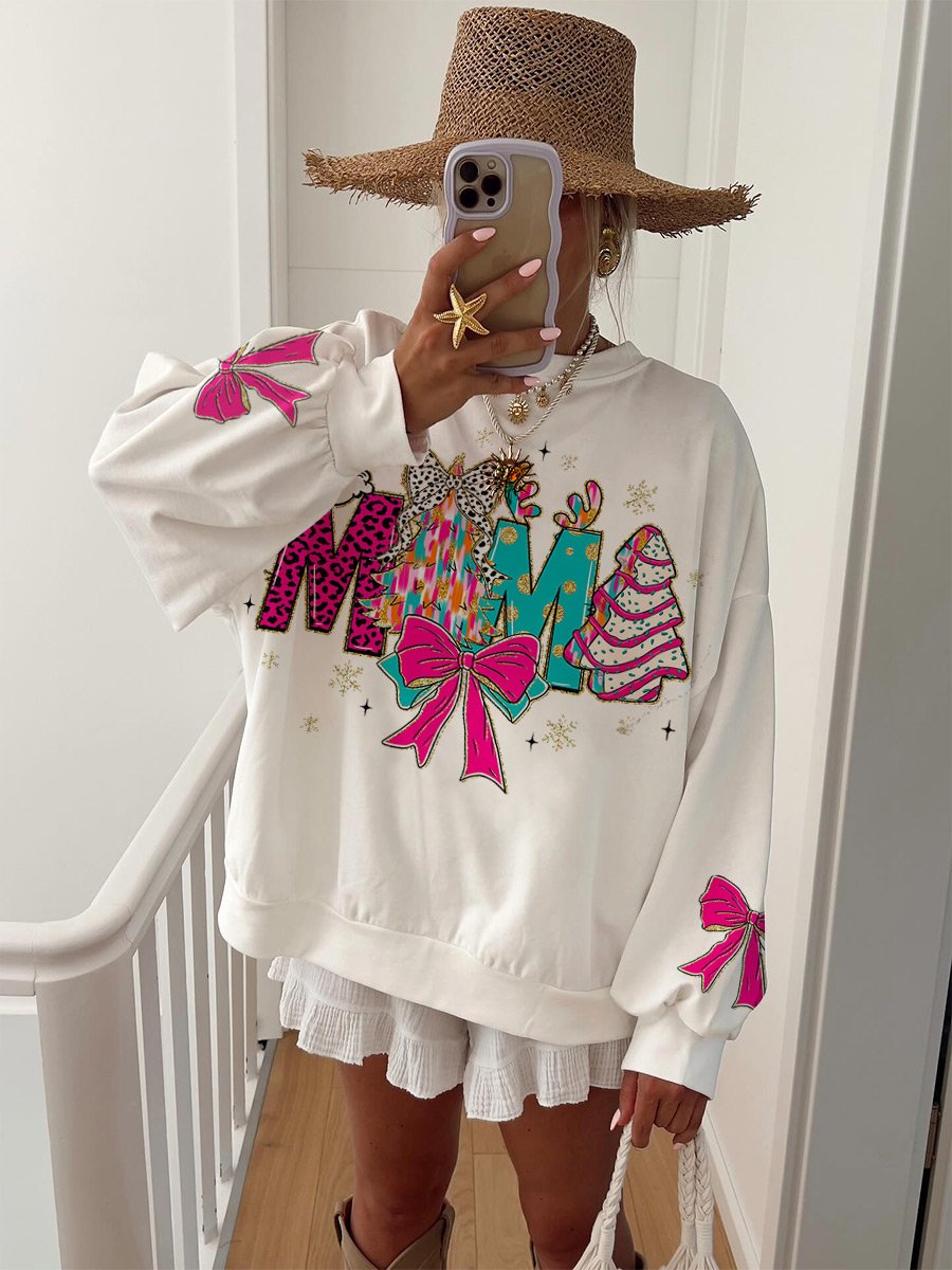 Women's Bow Colorful Christmas Print Home Long Sleeve Sweater
