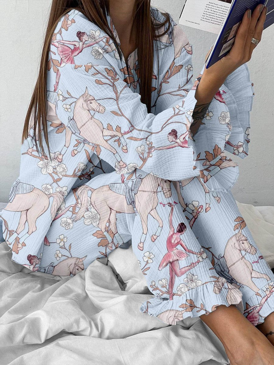 Women's Blue Ballet Horse Floral Print Cardigan Ruffled Home Set