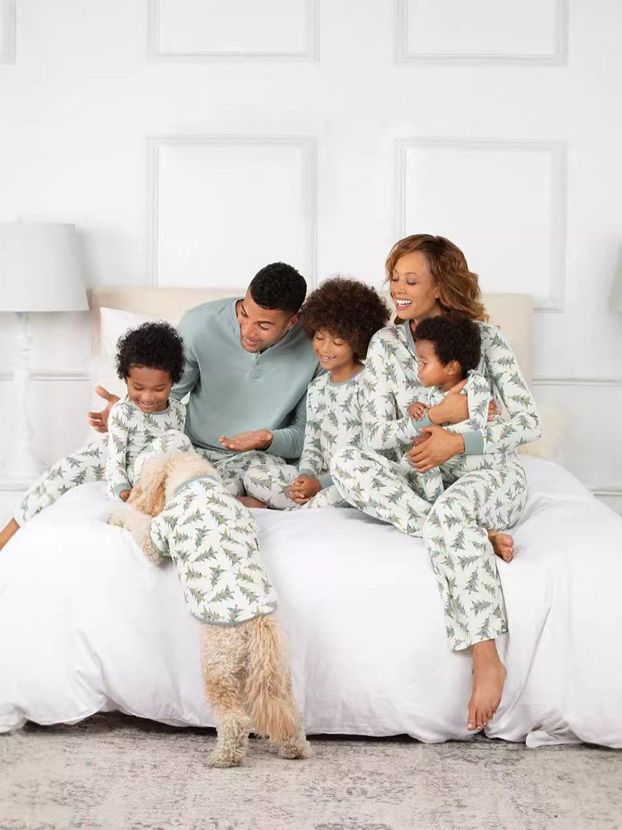 Christmas Tree Print Cotton Long Sleeve Crewneck Pajama Set