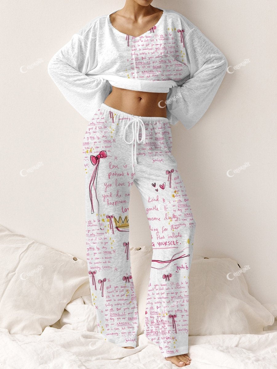 Women's Pink Bow Cotton Loungewear Set