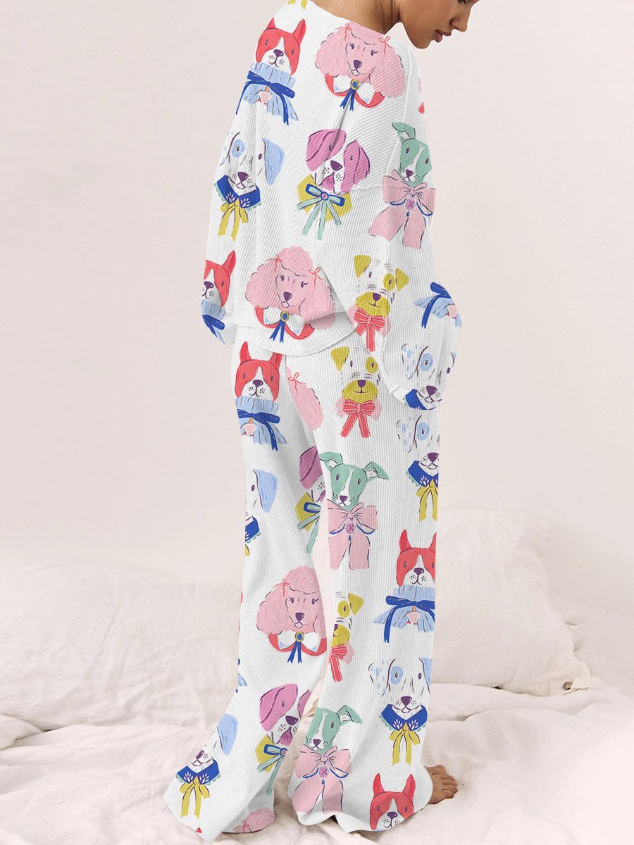 Women's Colorful Puppy Print Long Sleeve Loose Pajama Set