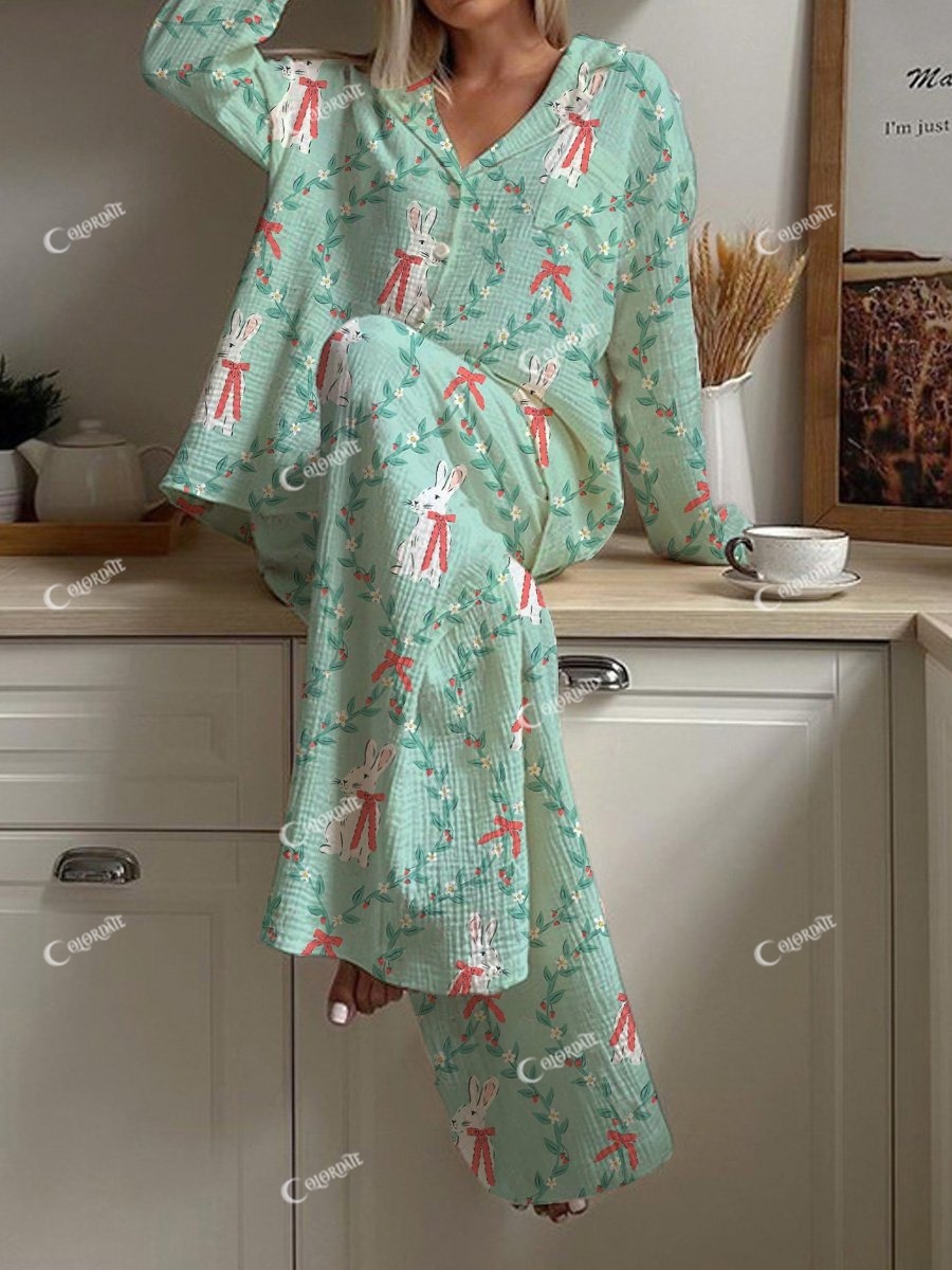 Women's Cute Bunny Wreath Plaid Pajama Set