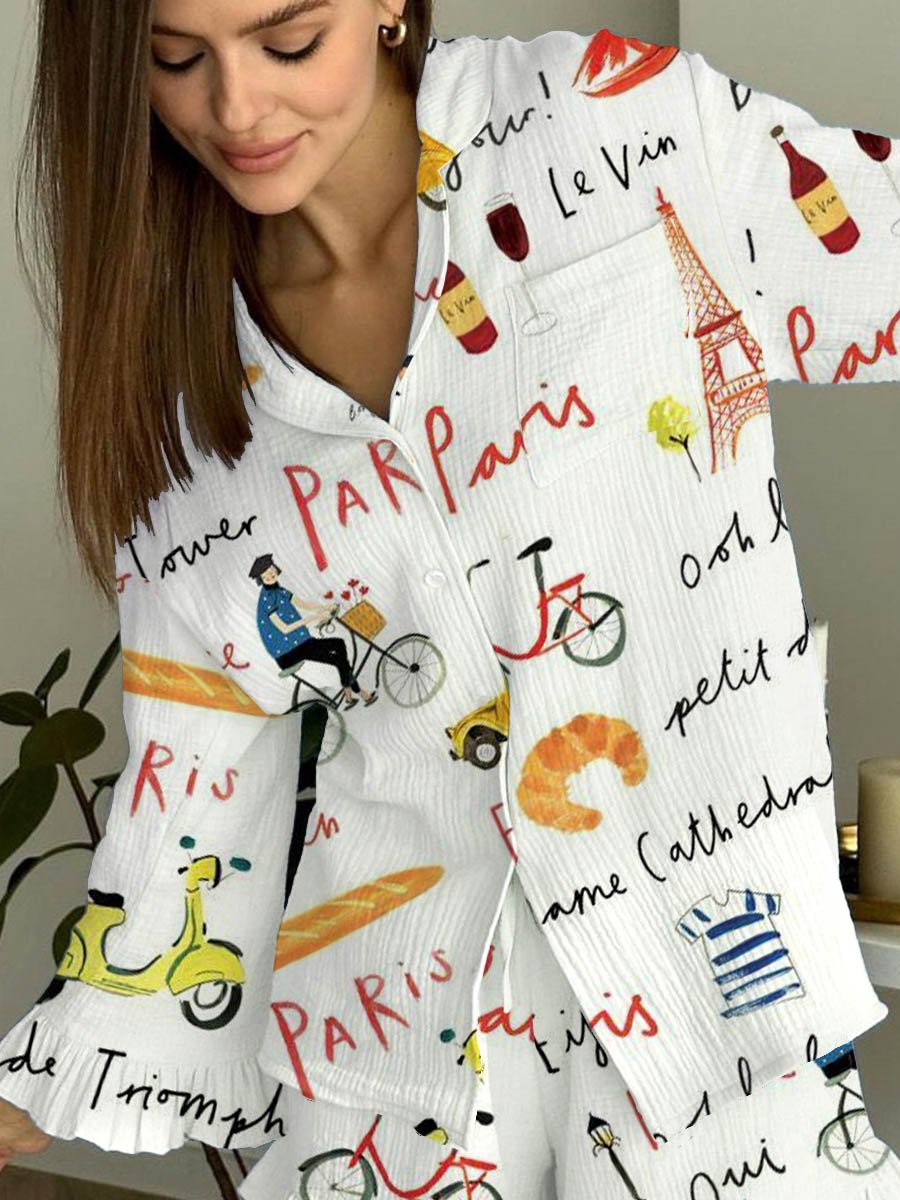 Women's Paris Travel Pink Pajama Set