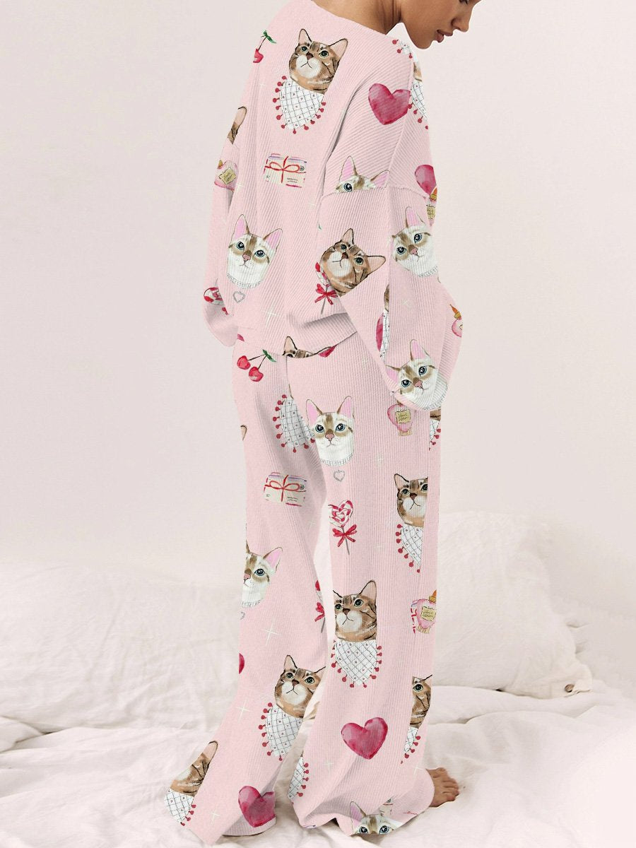 Women's Cat Heart Print Long Sleeve Linen Cotton Suit