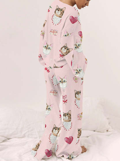 Women's Cat Heart Print Long Sleeve Linen Cotton Suit