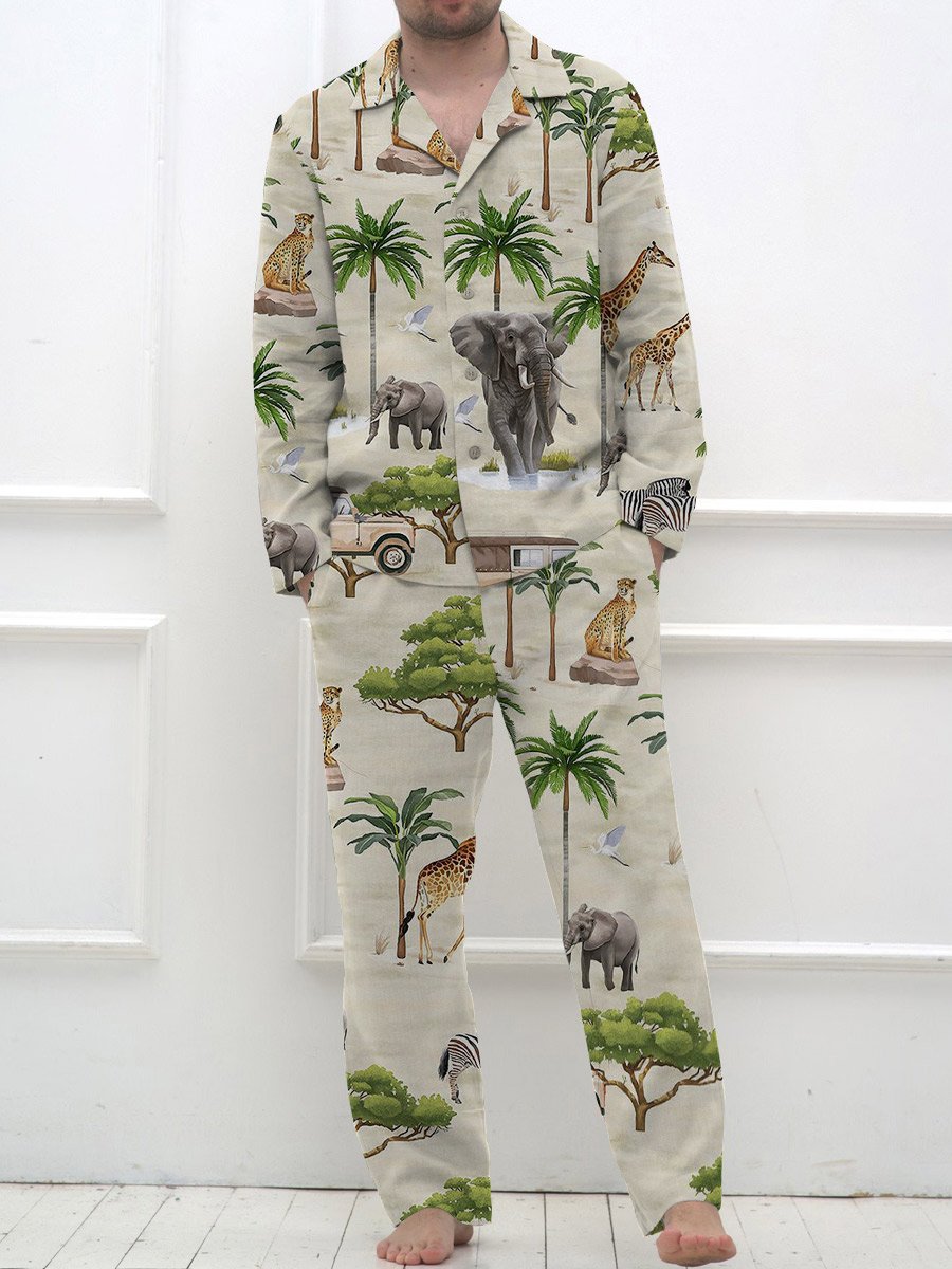 Men's Resort Tropical Pattern Long Sleeve Pant Suit