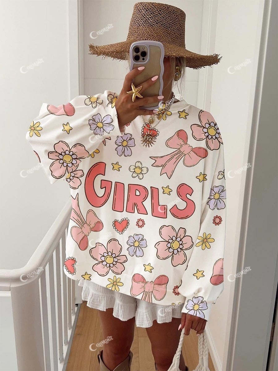 Women's Bow Flower GIRLS Printed Round Neck Sweatshirt