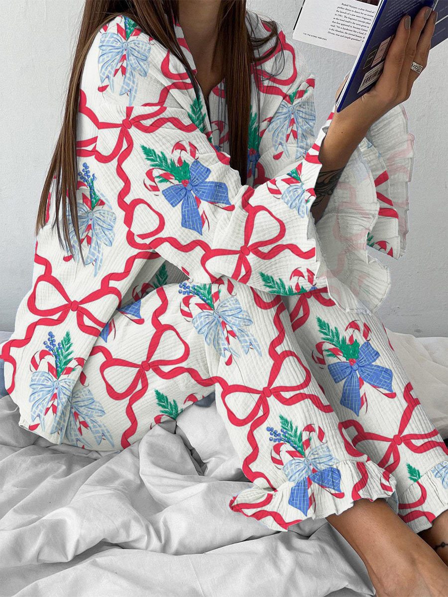Women's Christmas Candy Cane Butterfly and Pattern Ruffle Long Sleeve Pants Set