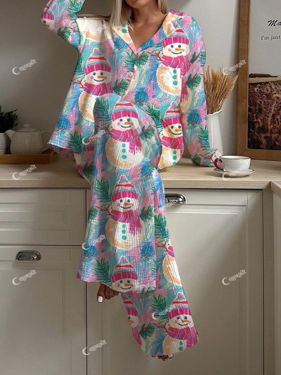 Women's Christmas Colorful Snowman Print Pajama Set