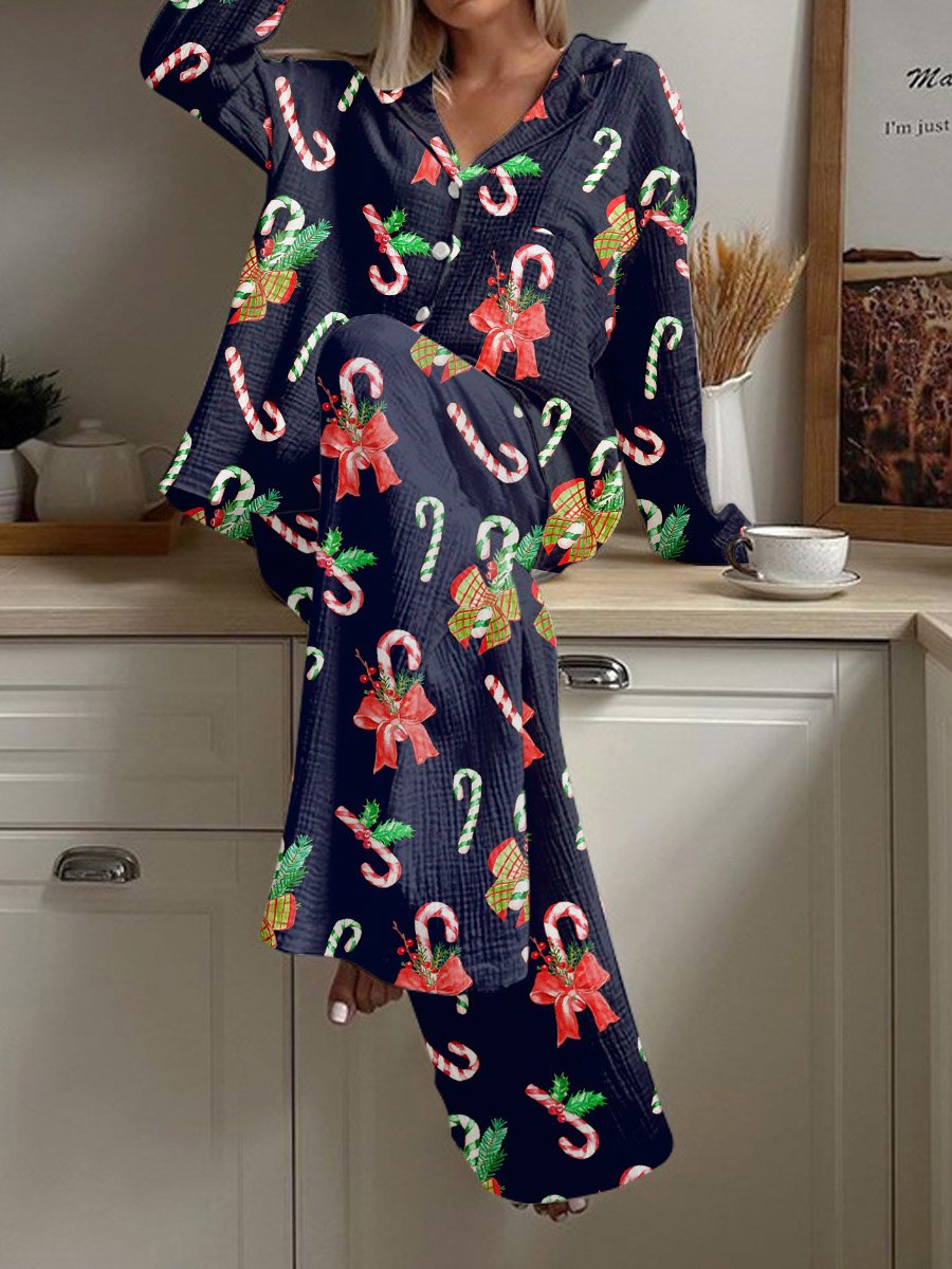 Women's Christmas Candy Cane Print Loose Homewear Set