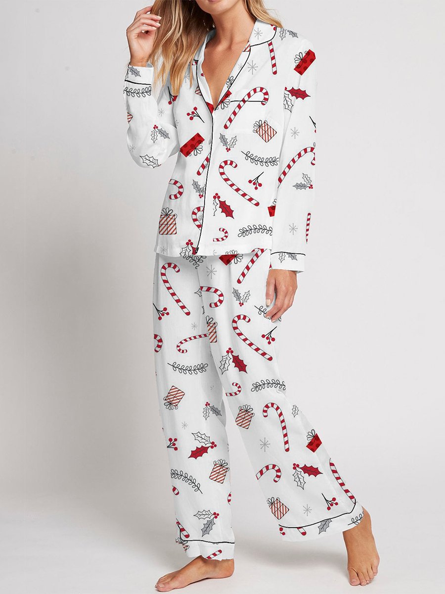 Women's Christmas Candy Cane Gift Box Pattern Long Sleeve Pants Suit