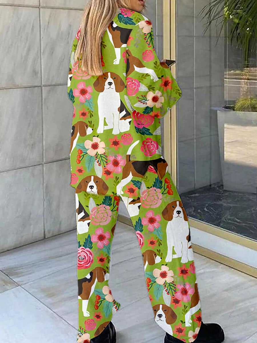 Women's Beagle Floral Print Polar Fleece Suit