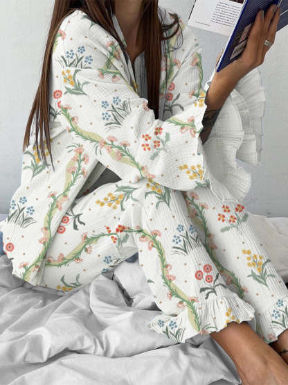 Women's Artistic Floral Printed Lounge Long Sleeve Suit