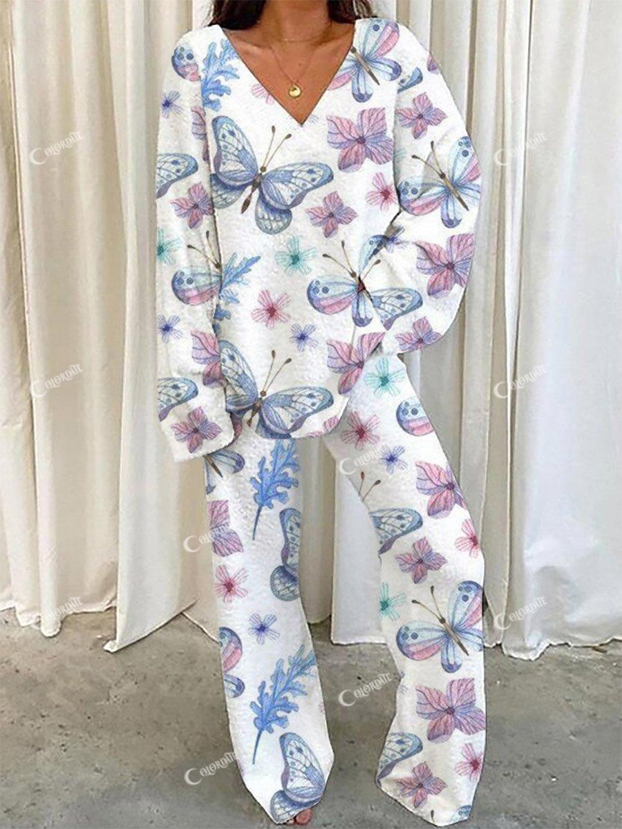 Women's Fantasy Butterfly Pattern V-Neck Long Sleeve Pants Set