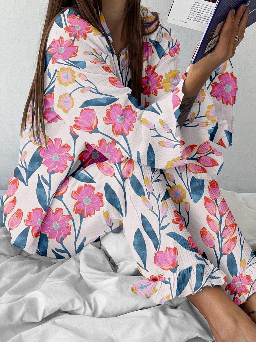 Women's Pink Elegant Floral Print Cardigan Ruffle Set