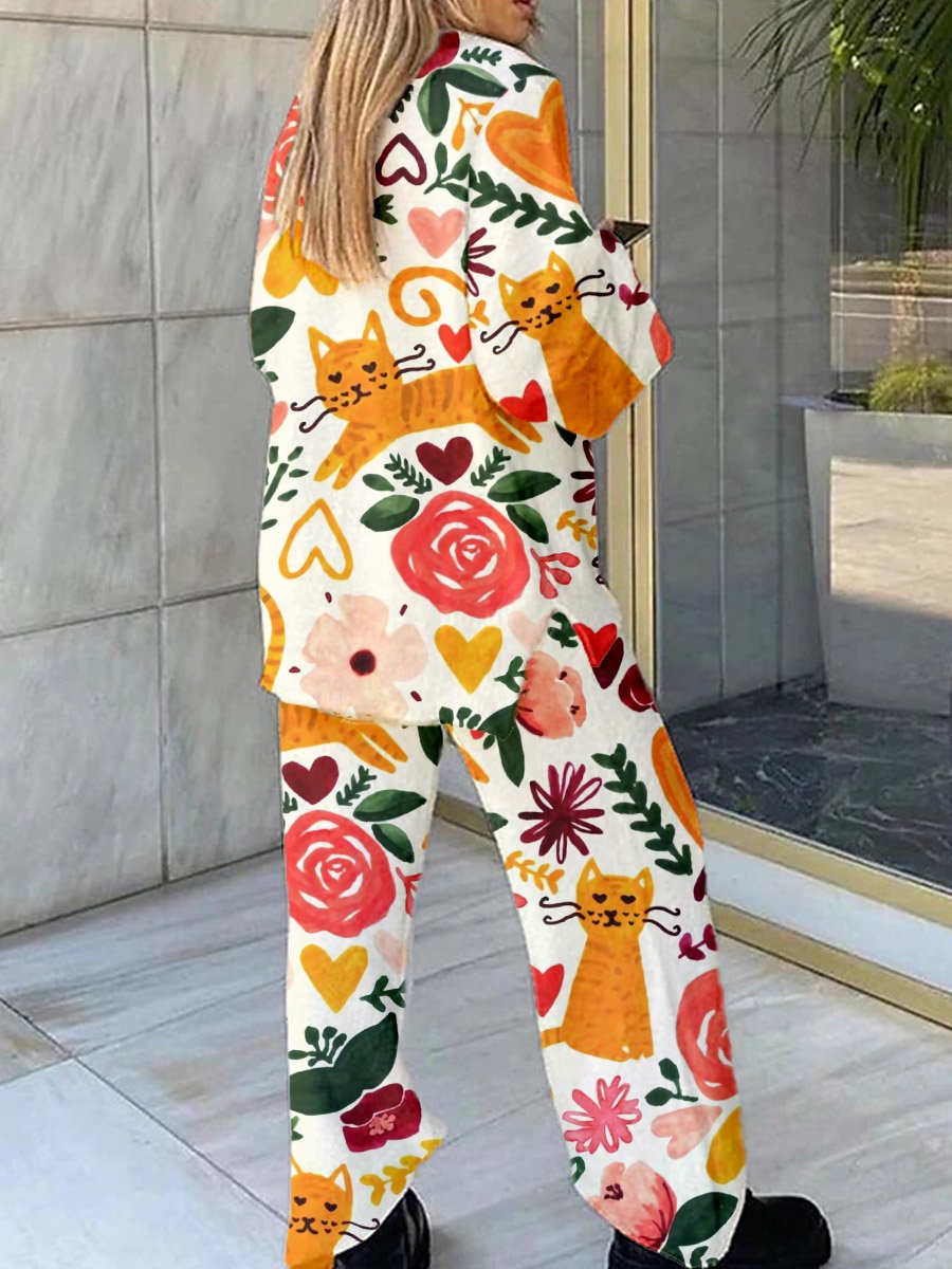 Women's Orange Floral Cat Print Fleece Suit