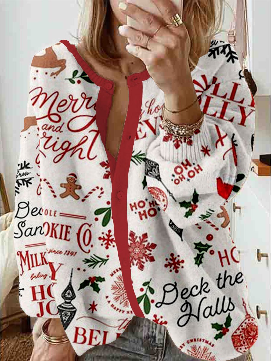 Women's Retro Christmas Text Print Cardigan Sweater