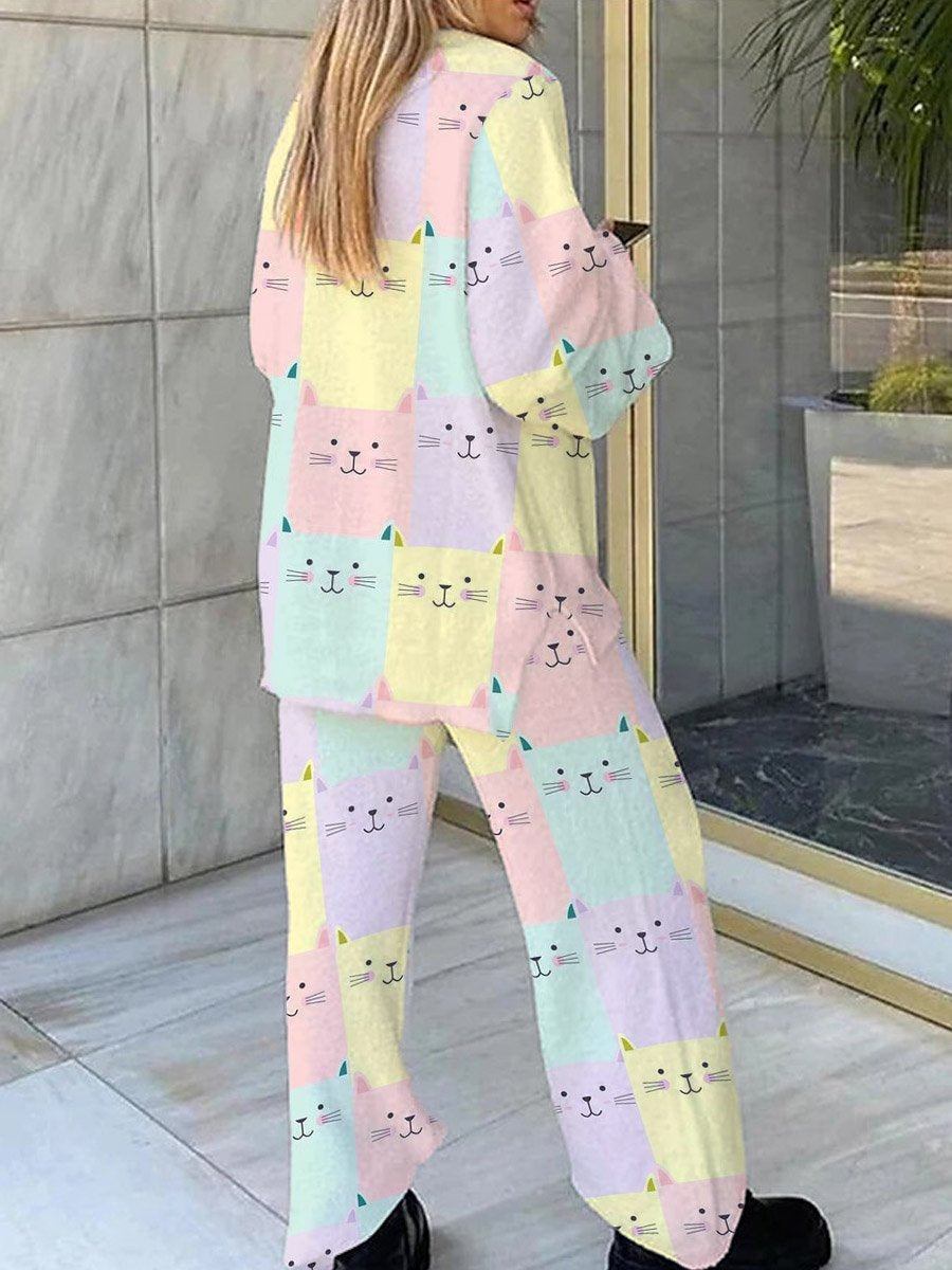 Women's Colorful Cat Plaid Print Fleece Set