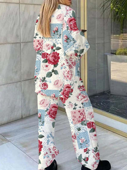 Women's Floral Rag Print V-Neck Suit