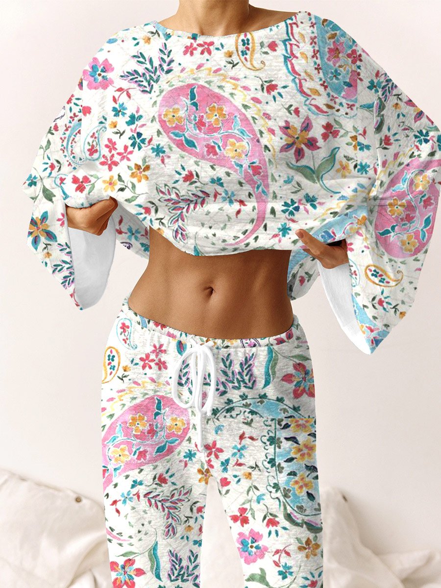 Women's Bohemian Art Floral Print Lounge Long Sleeve Suit