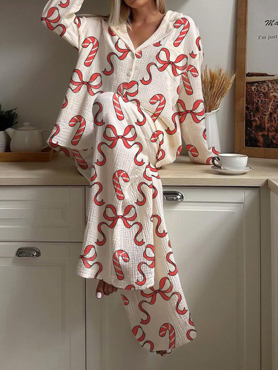 Women's Christmas Bow Candy Cane Pattern Long Sleeve Pants Set