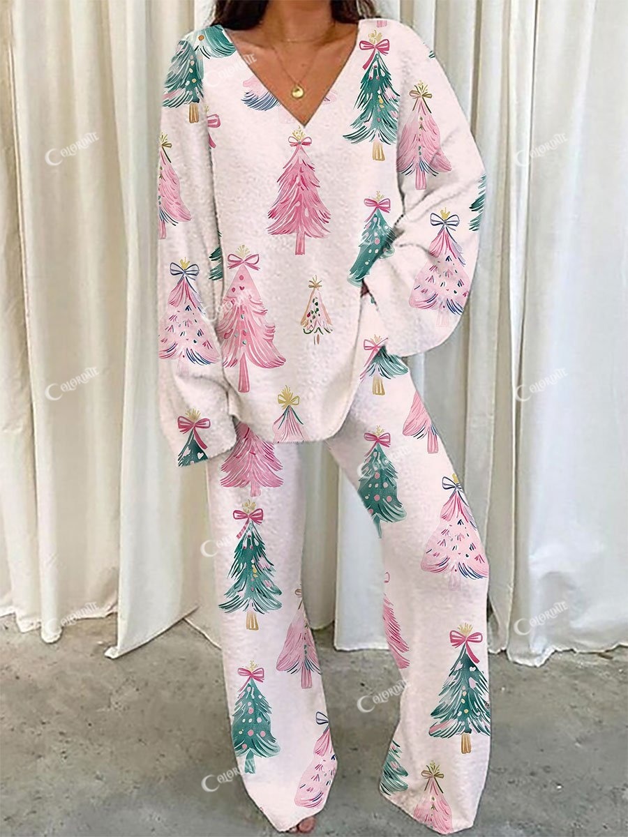 Women's Pink Christmas Tree Printed Rockabilly Pajama Set