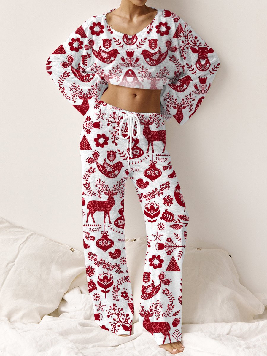 Women's Christmas Elk Pattern Long Sleeve Pants Suit