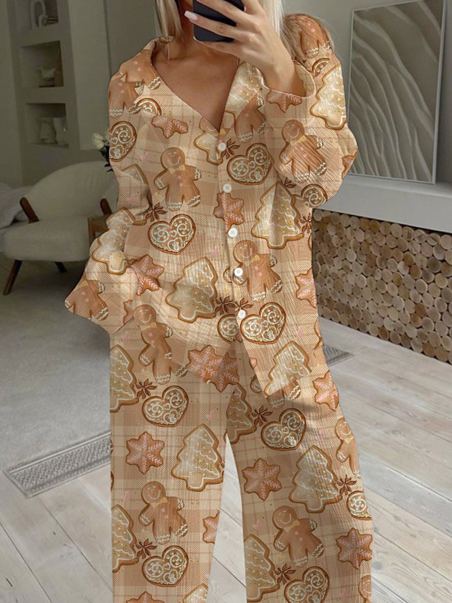 Women's Christmas Check Gingerbread Pattern Long Sleeve Pants Set