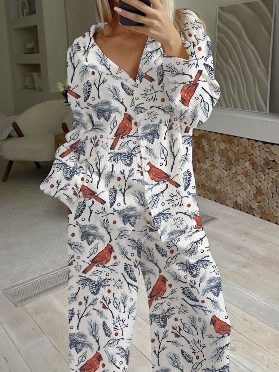 Women's Christmas Plant Robin Print Loose Homewear Set