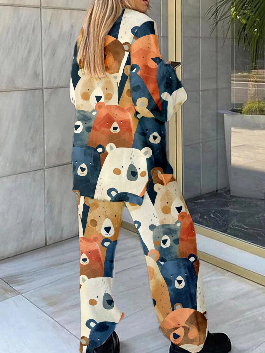 Women's Cute Bear Illustration Printed Polar Fleece Suit