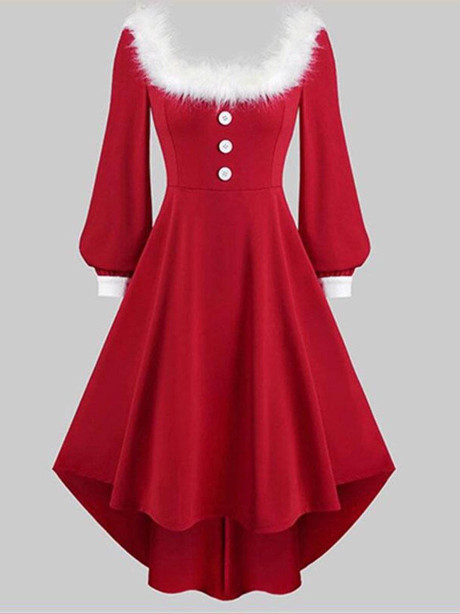 Women's Christmas Loose Sleeve Velvet Edge V-Neck Dress