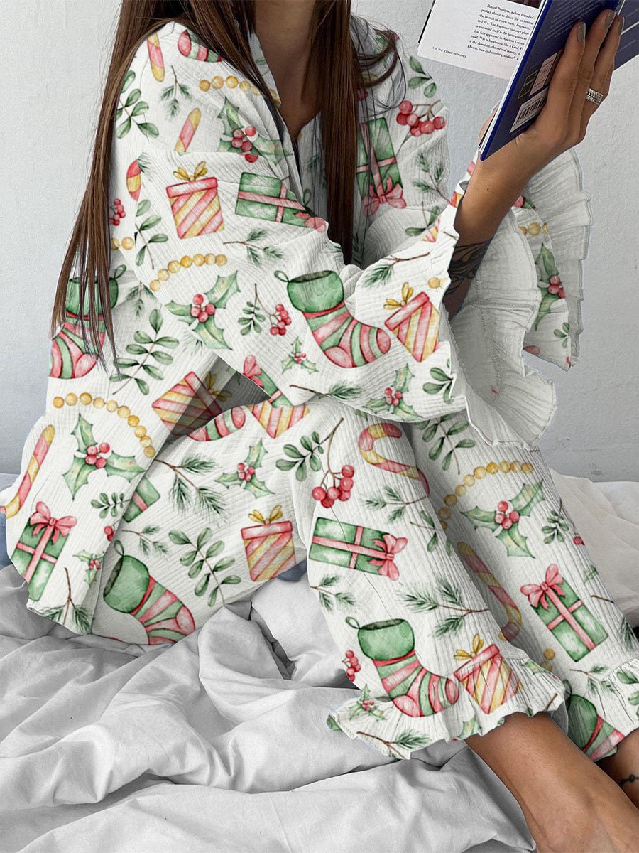 Women's Christmas Art Painting Printed Home Long Sleeve Suit