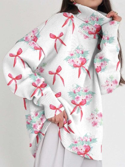 Women's Bow Floral Turtleneck Sweater