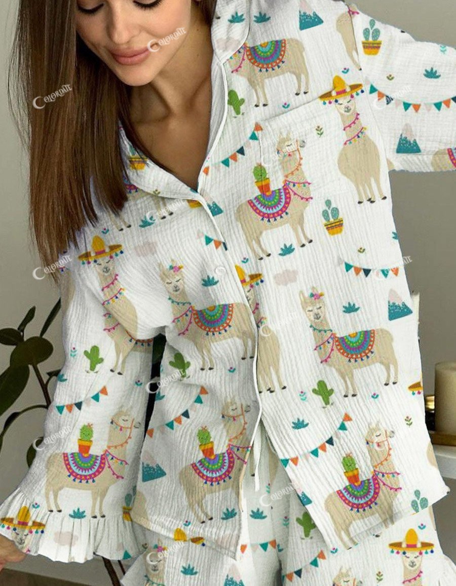 Women's Cute Party Alpaca Pattern Ruffled Long Sleeve Pants Set