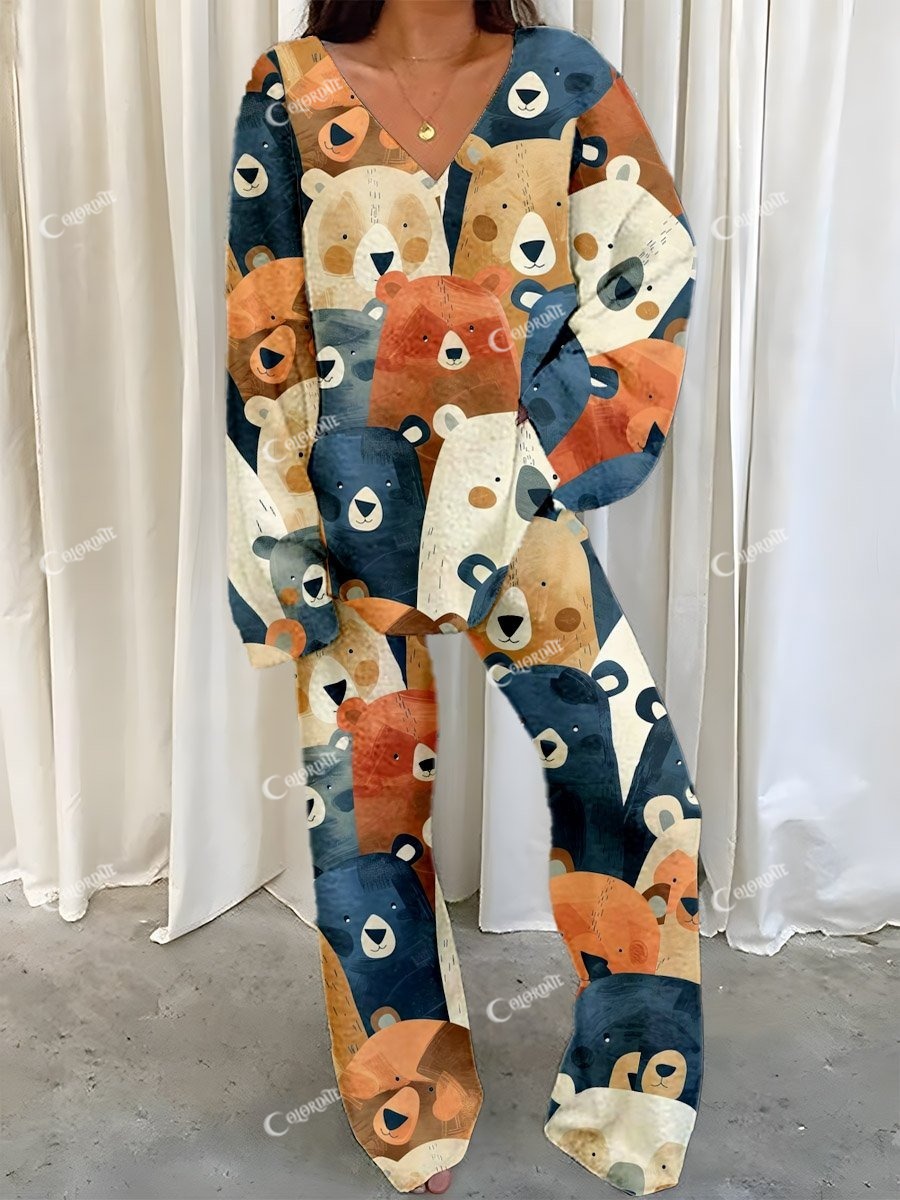 Women's Cute Bear Illustration Printed Polar Fleece Suit