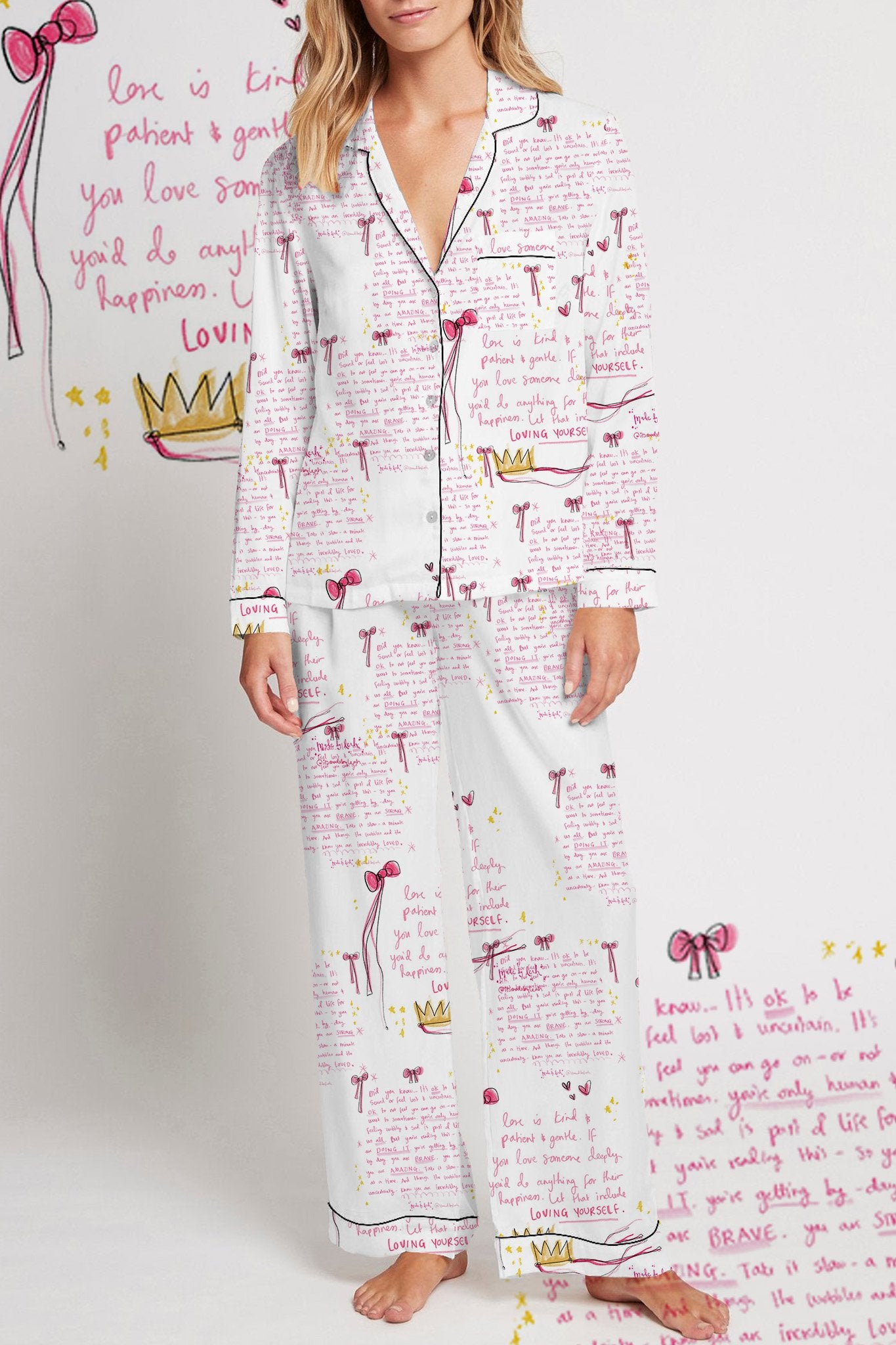 Women's Pink Bow Theme Cotton Pajamas Set