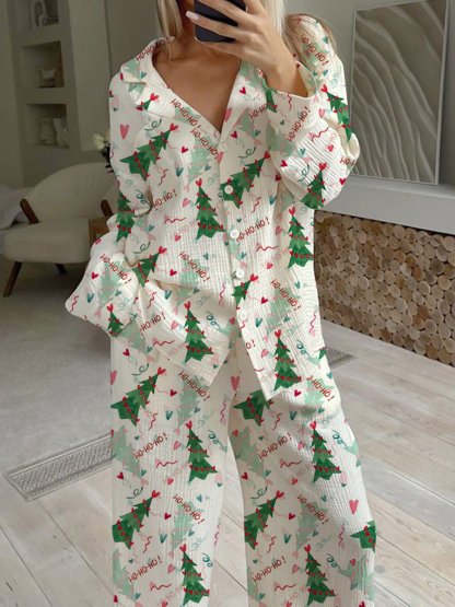 Women's Christmas Tree Art Painting Printed Home Long Sleeve Suit