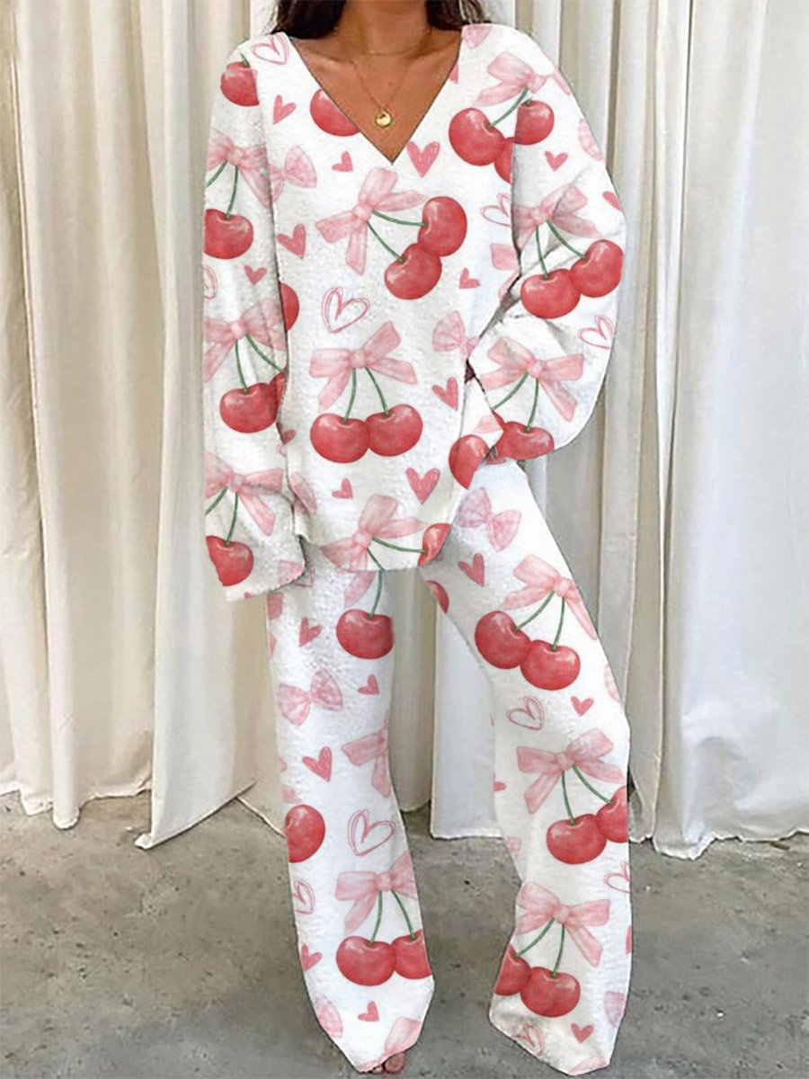 Women's Bow Cherry Pattern V-Neck Long Sleeve Pants Suit